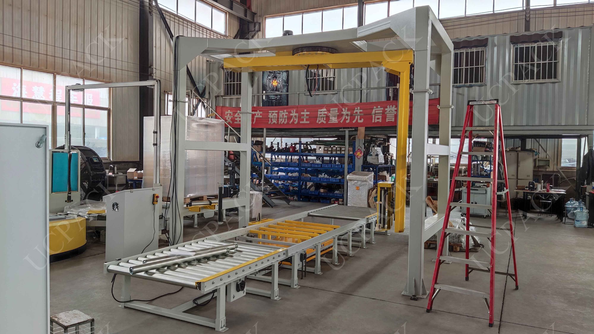 UCR-RP2000A Fully Automatic Inline Rotary Arm Pallet Stretch Wrapper