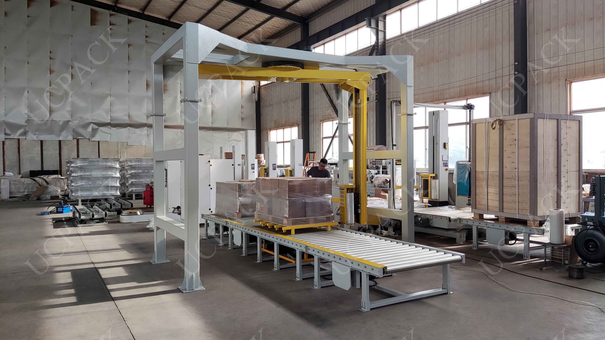 UCR-RP2000A Fully Automatic Inline Rotary Arm Pallet Stretch Wrapper