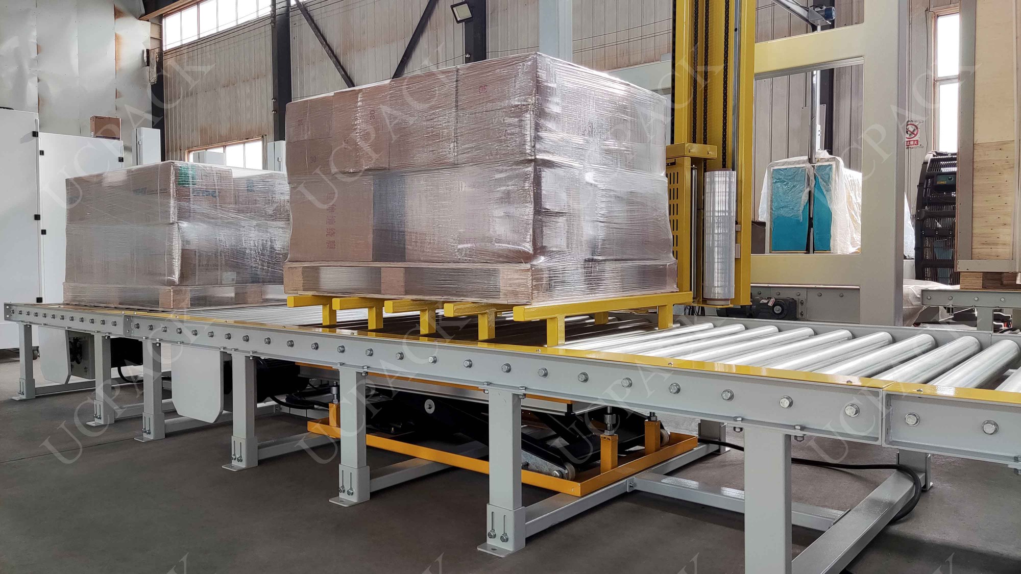 UCR-RP2000A Fully Automatic Inline Rotary Arm Pallet Stretch Wrapper