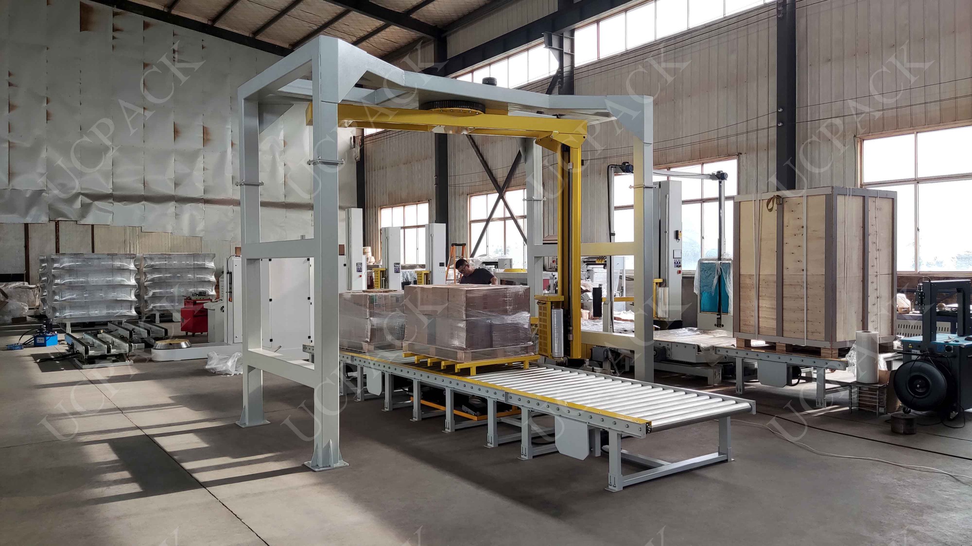 UCR-RP2000A Fully Automatic Inline Rotary Arm Pallet Stretch Wrapper