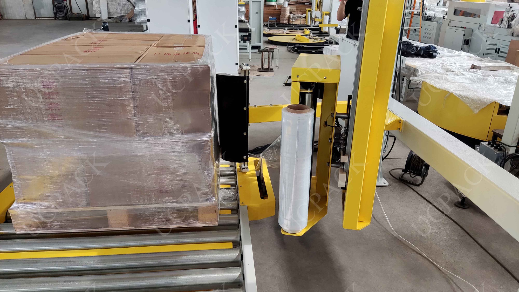 UCR-RP2000A Fully Automatic Inline Rotary Arm Pallet Stretch Wrapper